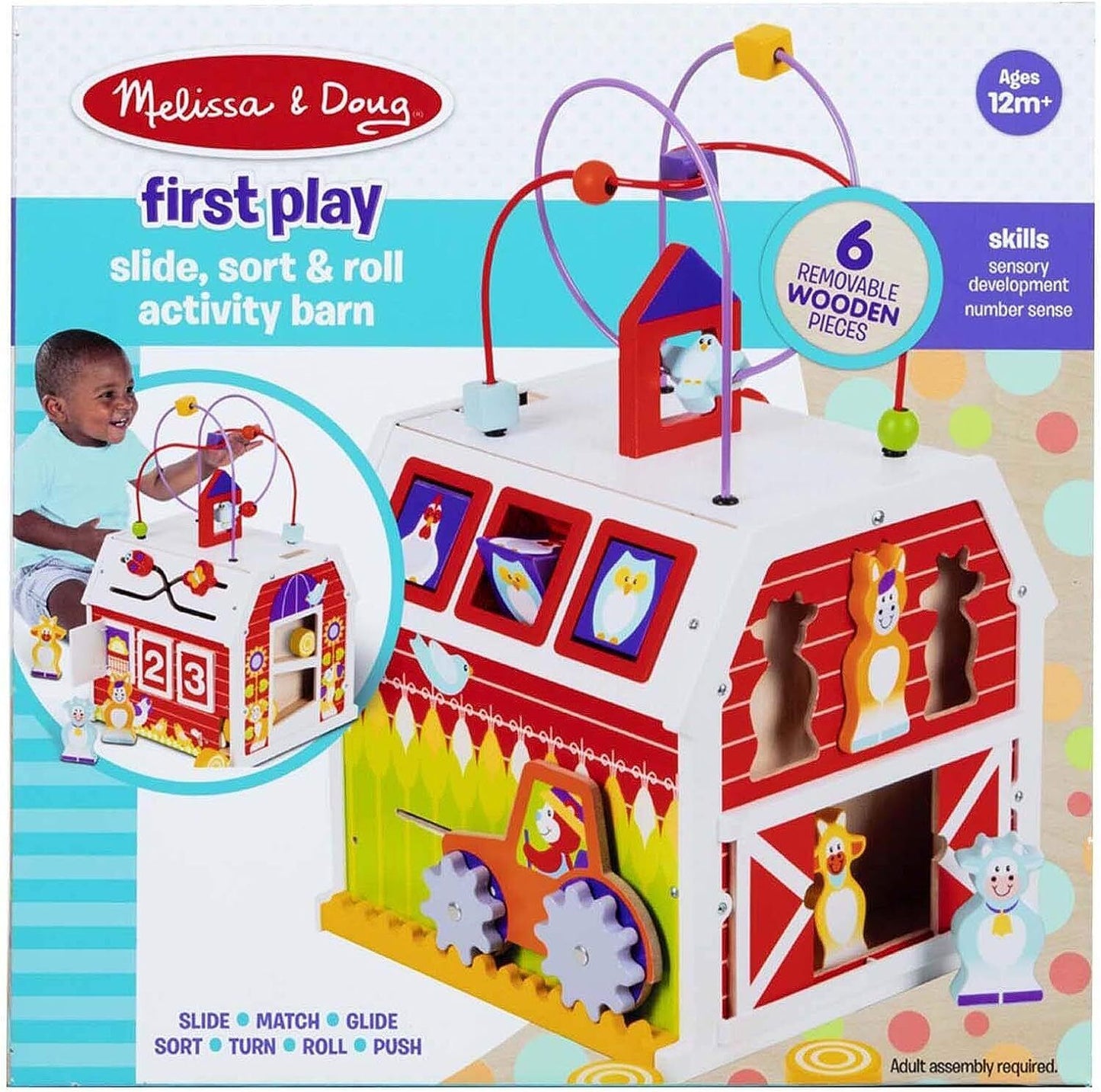 Melissa & Doug First Play Slide, Sort & Roll Wooden Activity Barn with Bead Maze