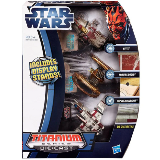 Star Wars Titanium Series Die Cast Vehicle Pack - AT-TE, Hailfire Driod, Republic Gunship