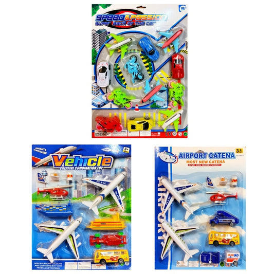 Kids Vehicle, Airplanes, Helicopter, Cargo Ships, Race Car, and School Bus Combination Toy Set Party Gift