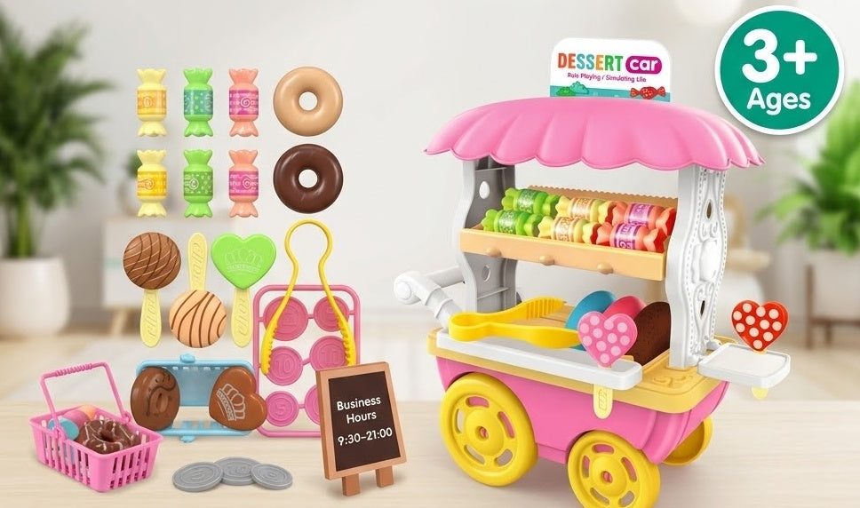 Dessert Cart Food Play Set with Donuts, Candies, Play Money & Shopping Basket Kids Pretend Toy