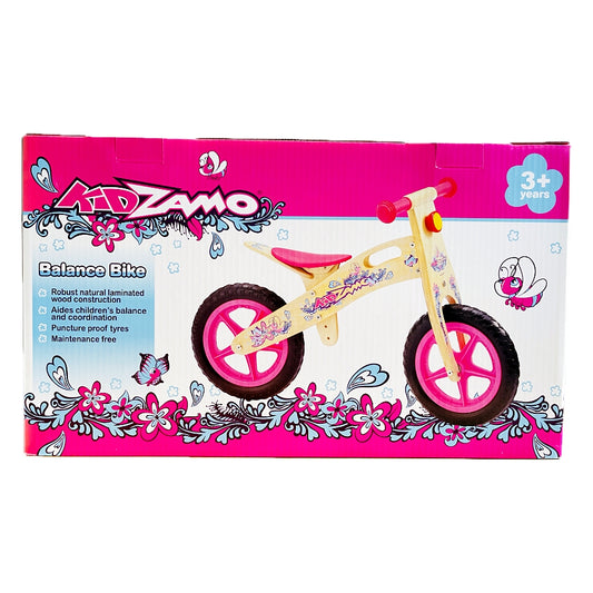 Kidzamo Flower Pink Wooden Balance Bike Scooter 12" for Kids