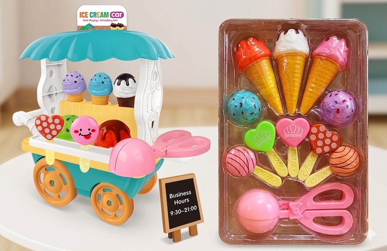 Ice Cream Cart Food Play Set with Ice Cream and Accessories Kids Pretend Toy