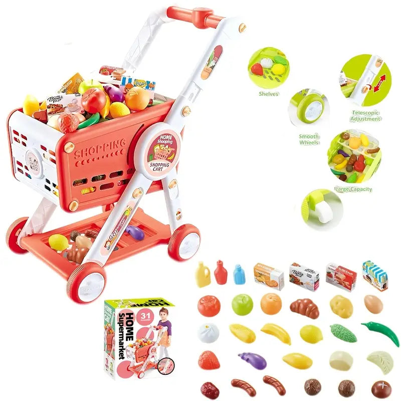 Kids Supermarket Shopping Trolley Play Set with 30+ Pretend Food Items