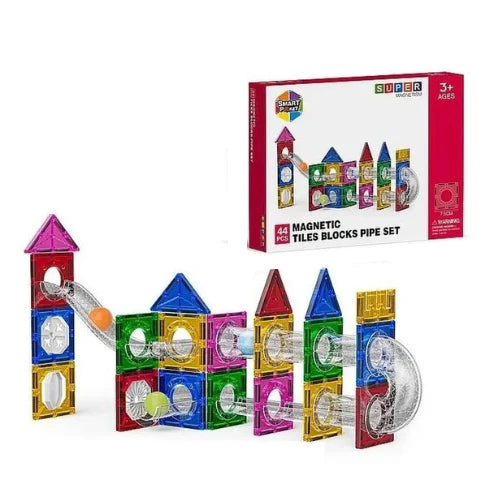 Magnetic Tiles Pipe Building Set – 44pcs Magnetic Blocks Marble Run STEM Toy for Kids