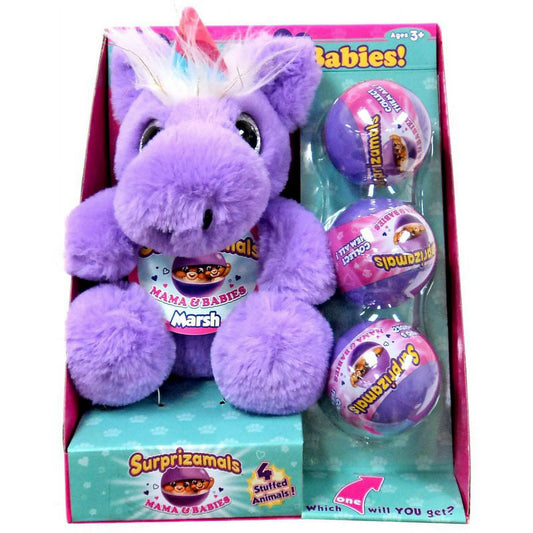 Surprizamals Mum & Babies Soft Plush Toy - Marsh Unicorn & 3 Mystery Pack Set