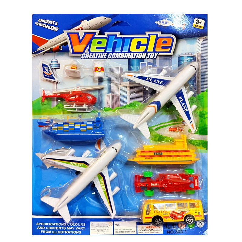 Kids Vehicle, Airplanes, Helicopter, Cargo Ships, Race Car, and School Bus Combination Toy Set Party Gift