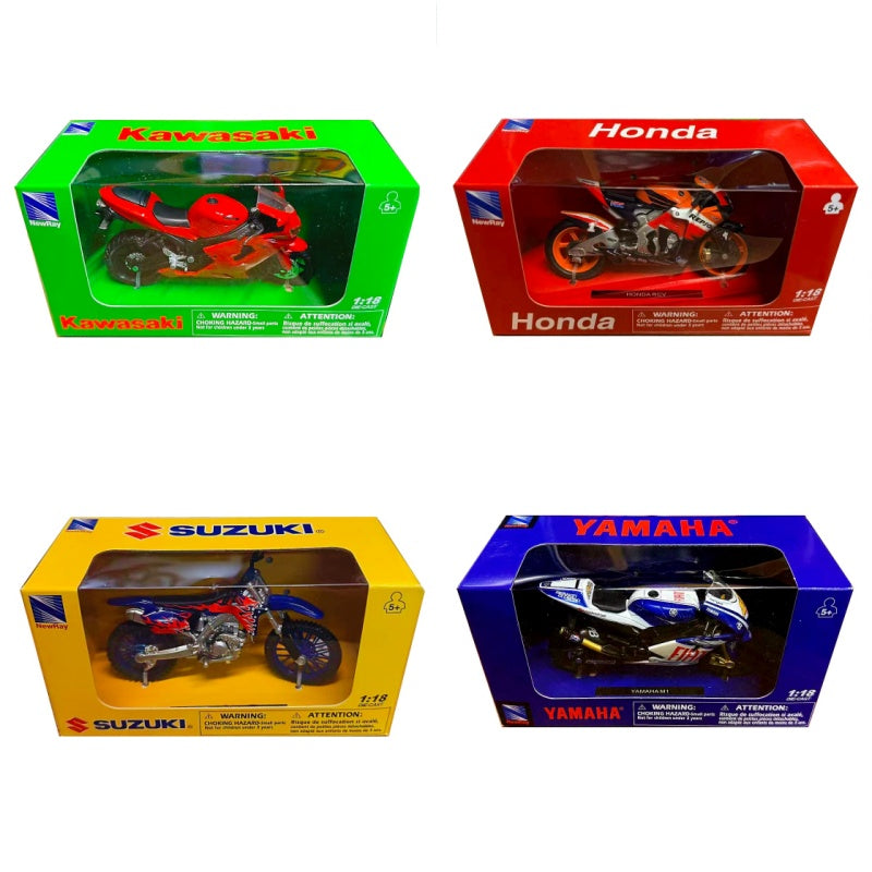 5" New Ray 1/18 Scale Die-Cast Motorbike Model - Honda, Suzuki, Kawasaki & Yamaha