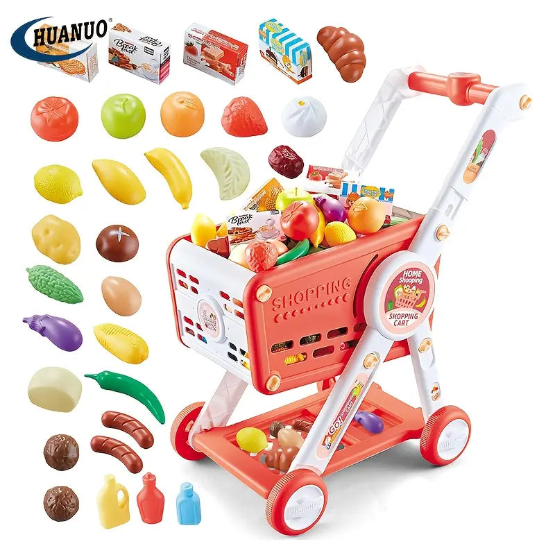 Kids Supermarket Shopping Trolley Play Set with 30+ Pretend Food Items