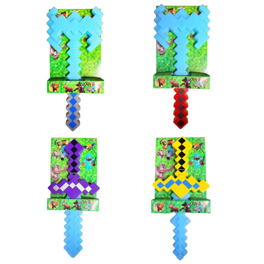 Pixel Game Sword Axe Toy 2 in 1 Transforming Diamond Weapon Mosaic Cosplay Toy With Lights & Sounds