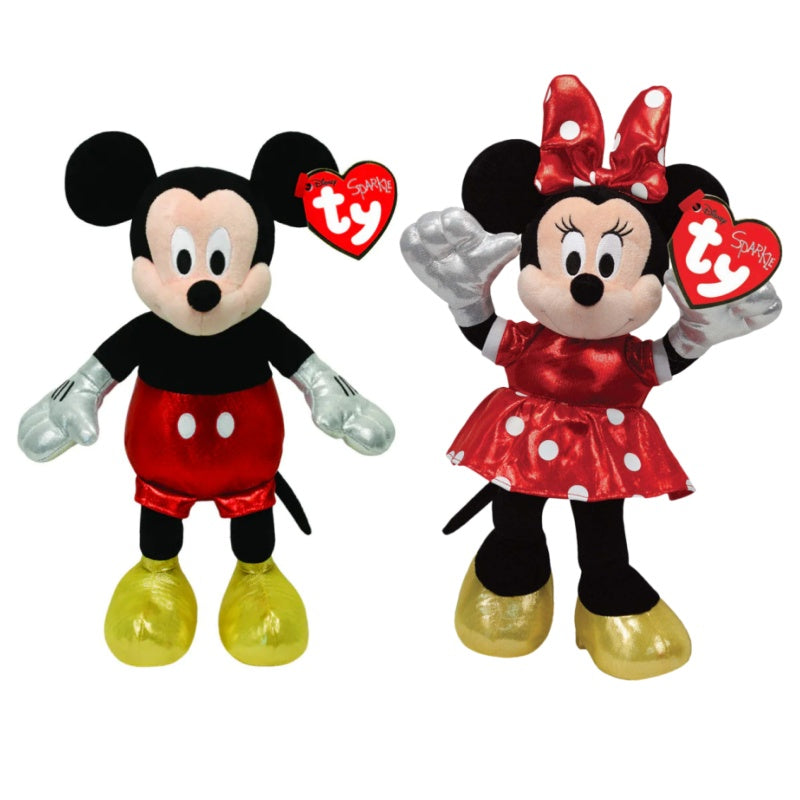14" Ty Beanie Babies Minnie & Mickey Mouse Red Sparkle Soft Plush