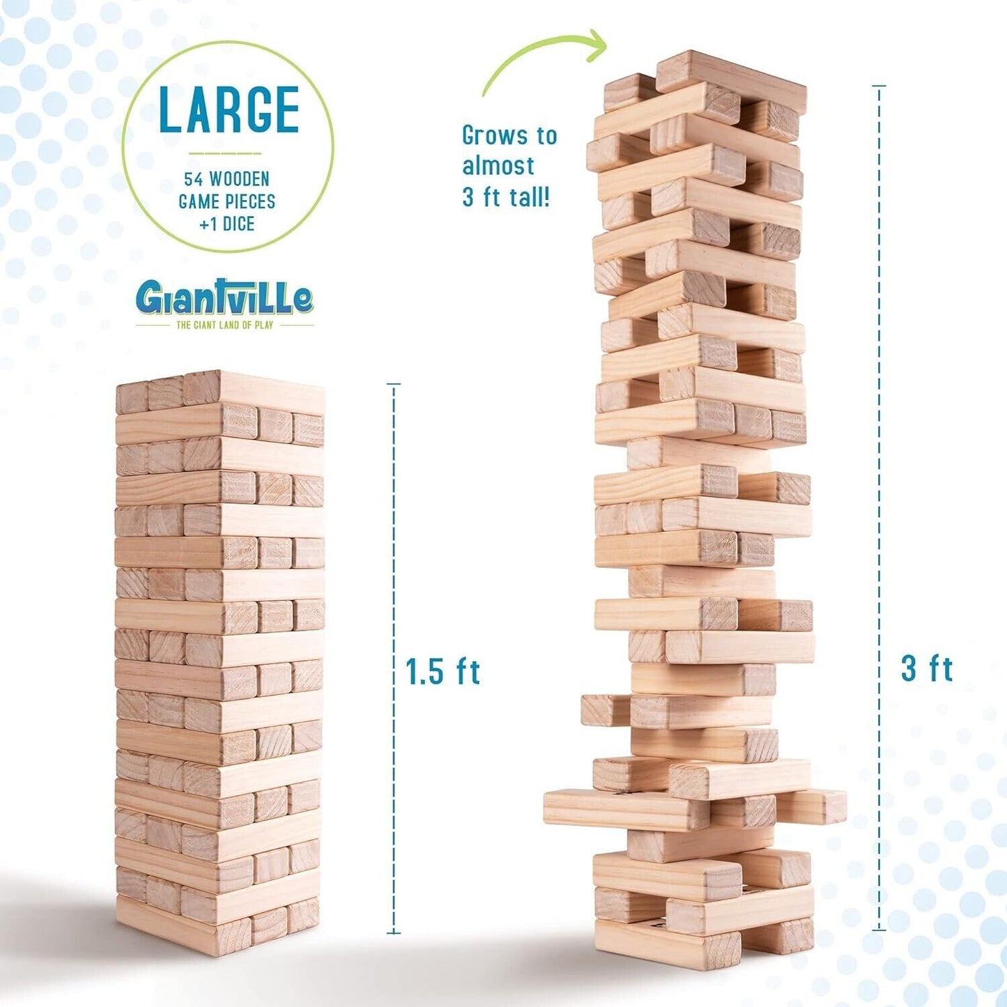 Giantville Large Tumbling Timber Wooden Blocks 54 Pieces with Dice