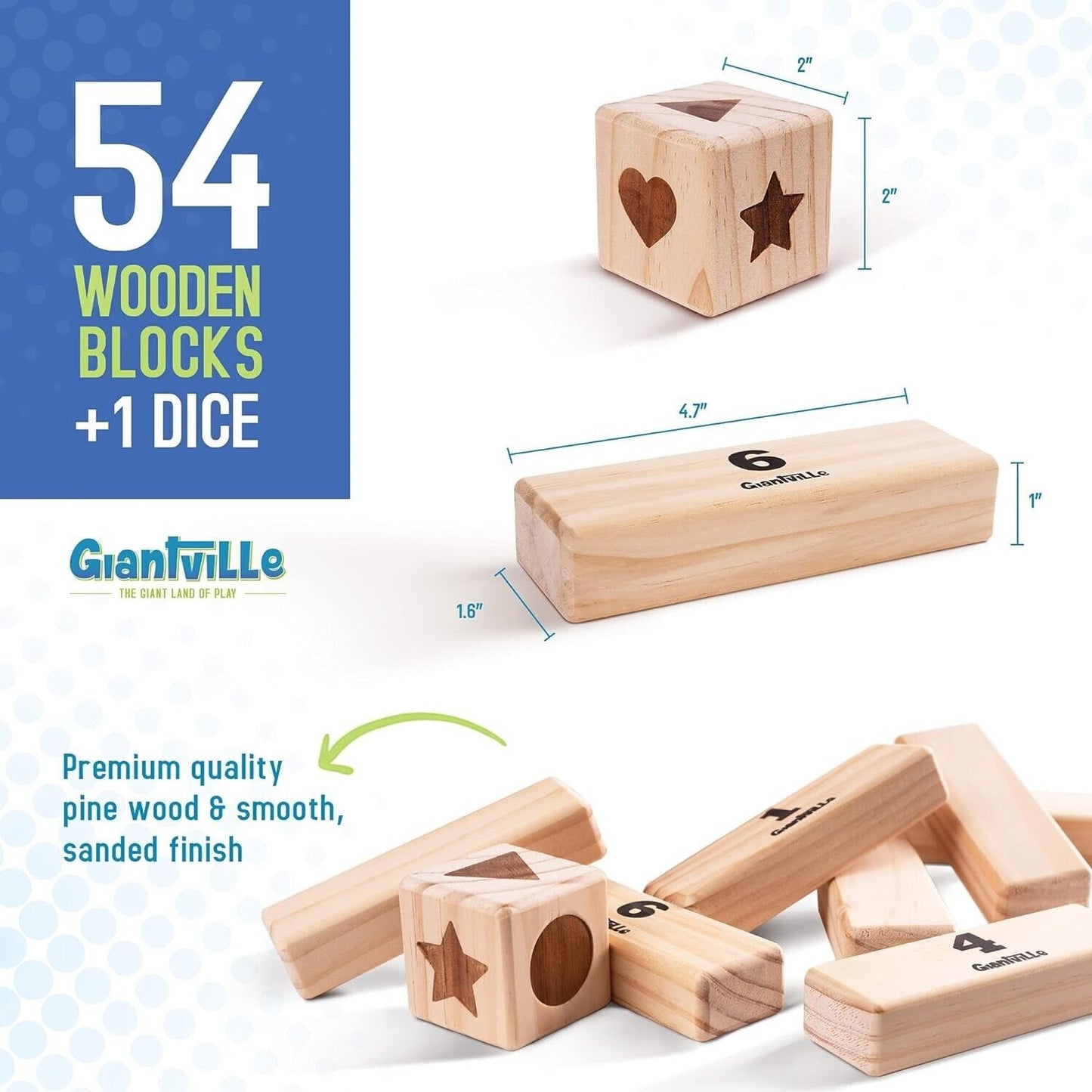 Giantville Large Tumbling Timber Wooden Blocks 54 Pieces with Dice