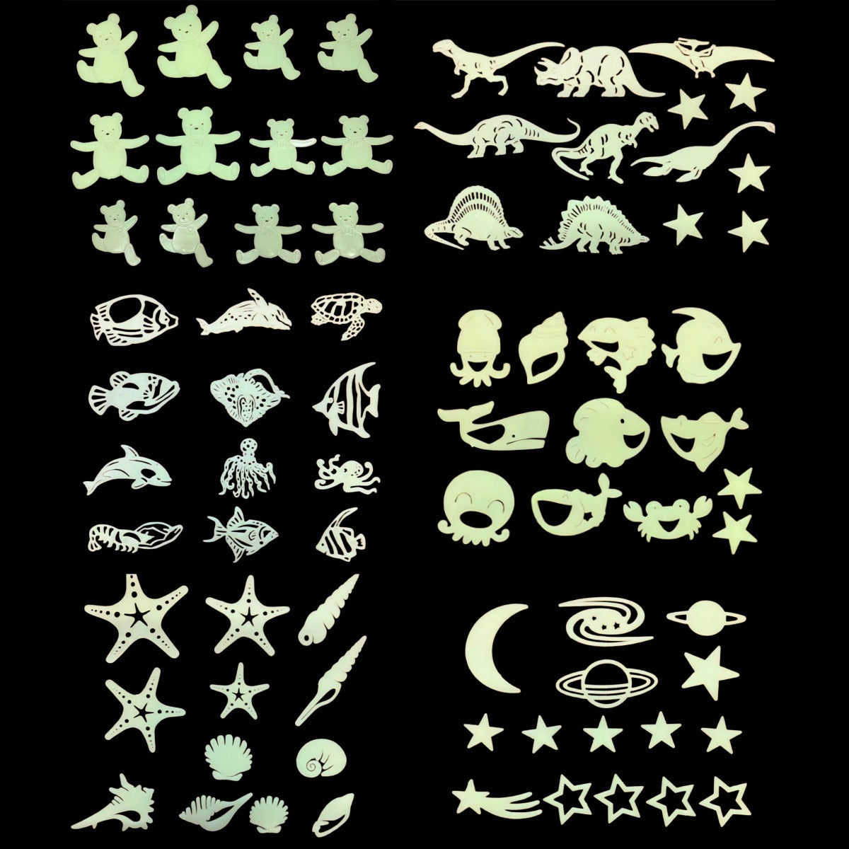 Reusable Self-Adhesive Glow-in-the-Dark Kids Room Wall Decor - Universal, Star, Planet, Dinosaur, Bear and Ocean Fish